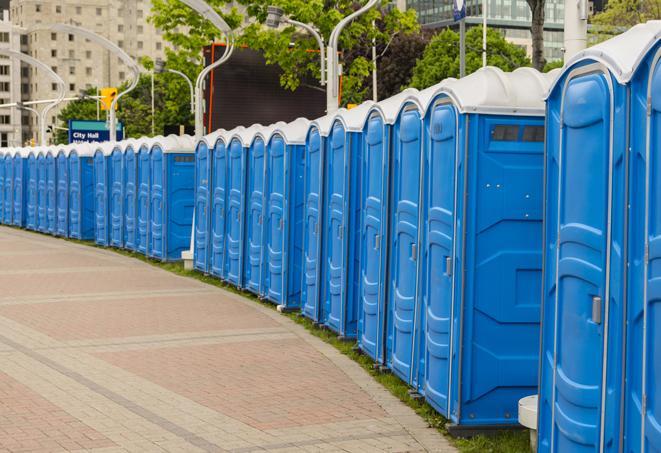 a line of brightly-colored portable restrooms, perfect for outdoor festivals and concerts in Apex, NC